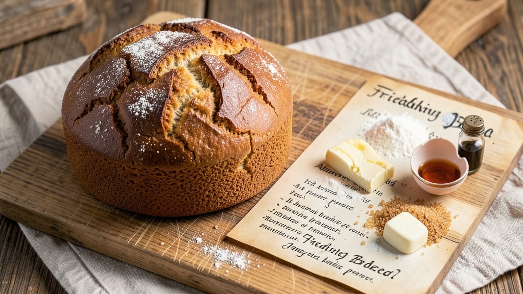 Amish Friendship Bread Recipe Card: Cardboard-Lined Loaf With Signature Walnut Swirls